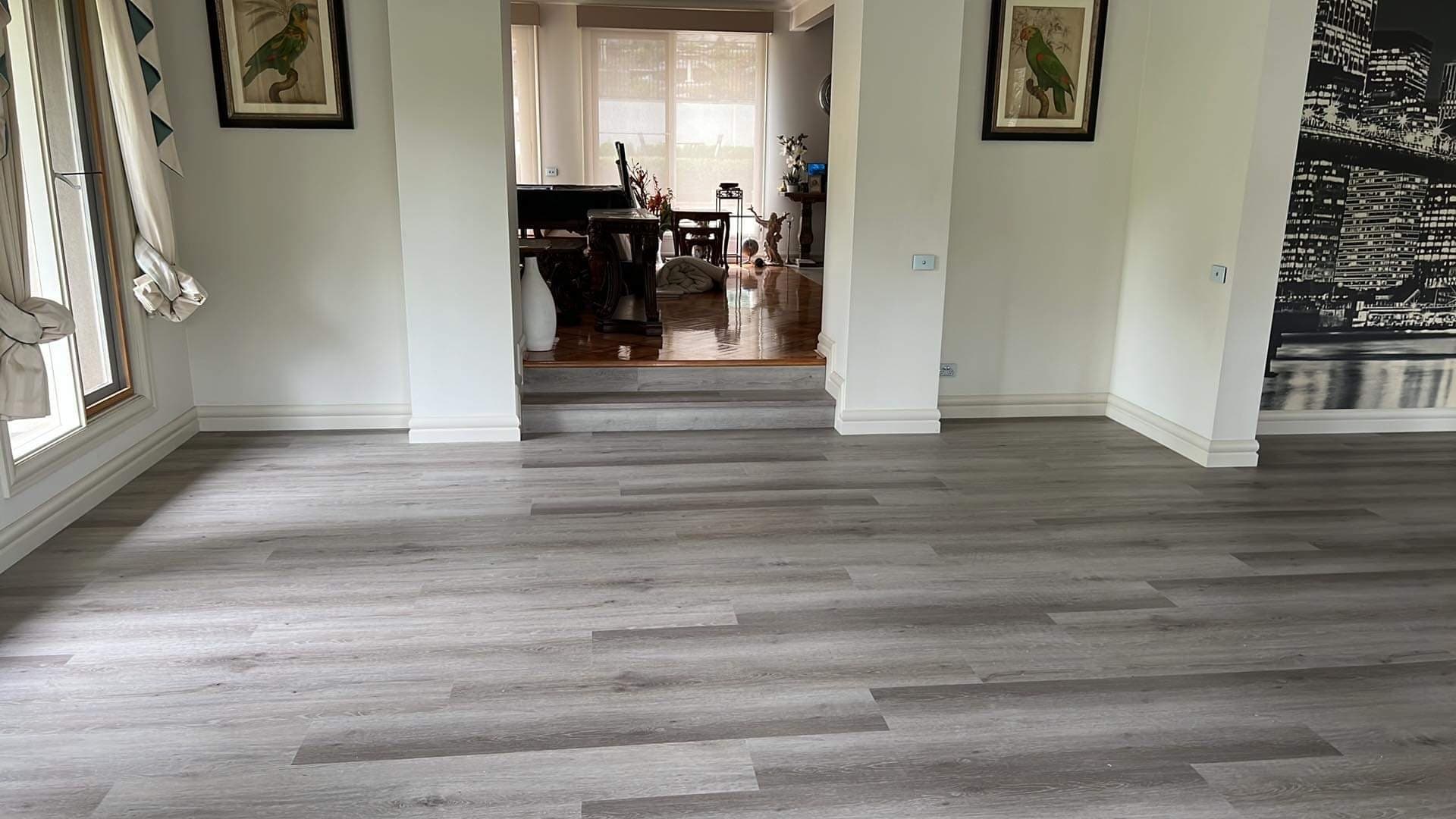 Silver ash hybrid plank flooring open plan living room Melbourne