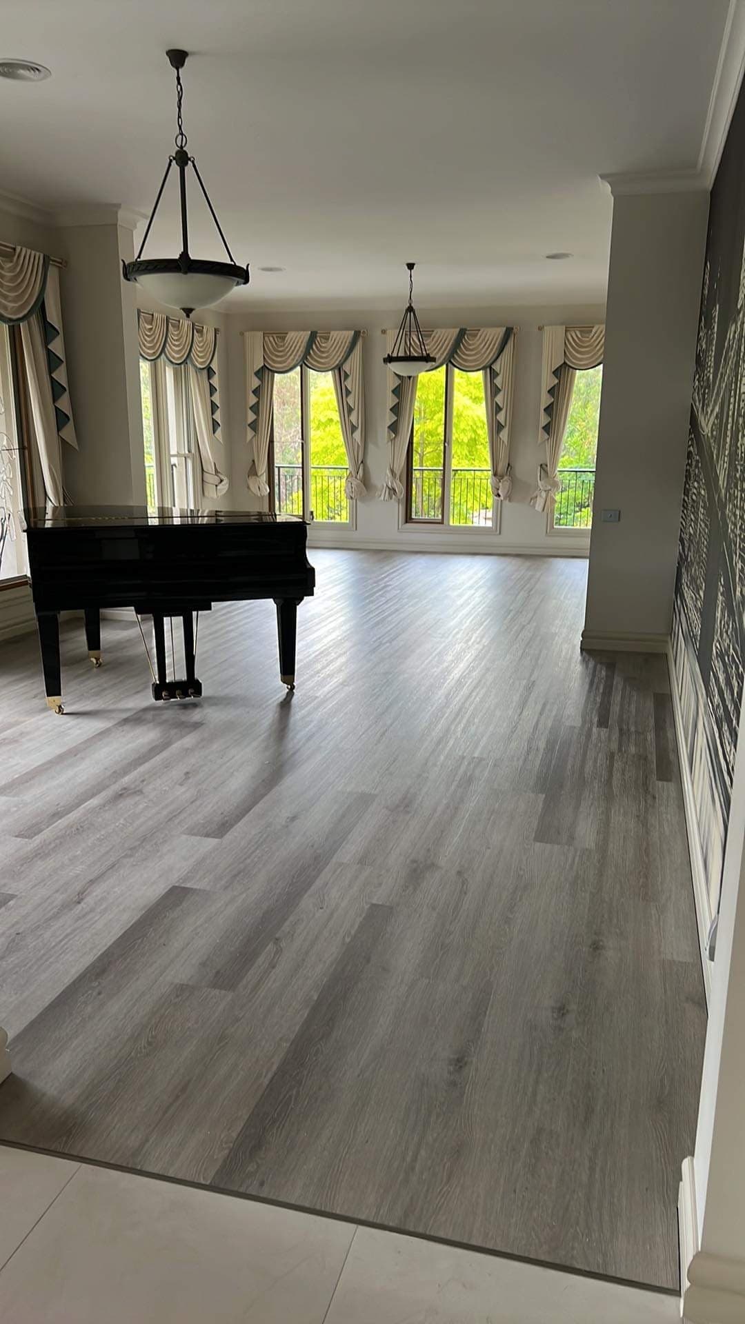 Silver ash hybrid plank flooring luxury home with grand piano Melbourne